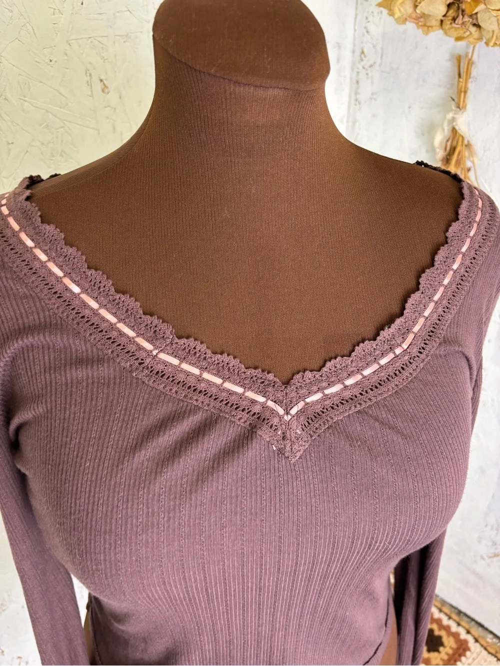 Free People Only You Ribbon Feminine V Neck Long Sleeve Brown Pink Medium